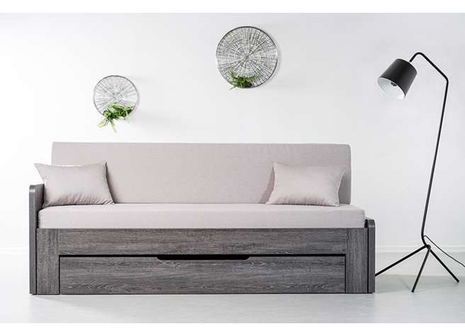 Ahorn DUOVITA 80 x 200 lamela - rozkládací postel a sedačka 80 x 200 cm s područkami - dub světlý / hnědý / akát, lamino